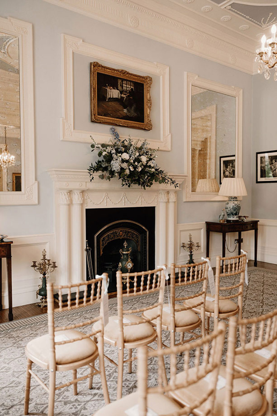 Crossbasket Castle wedding ceremony setting by fireplace